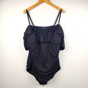 City Chic Alicante Black XL Swimsuit One-Piece Ruffled Off-Shoulder Ruched Beach